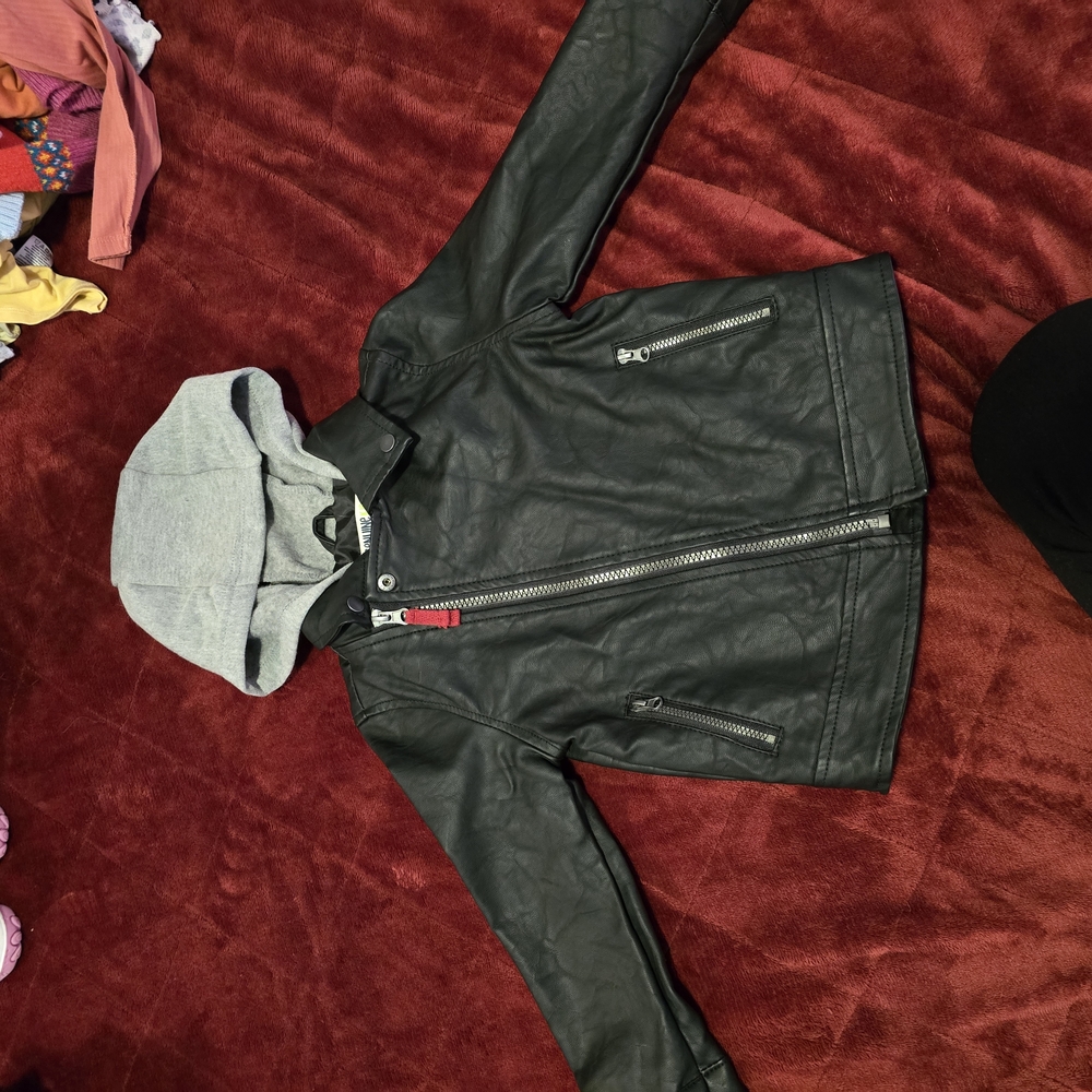 Black Faux Leather Jacket with Gray Hood